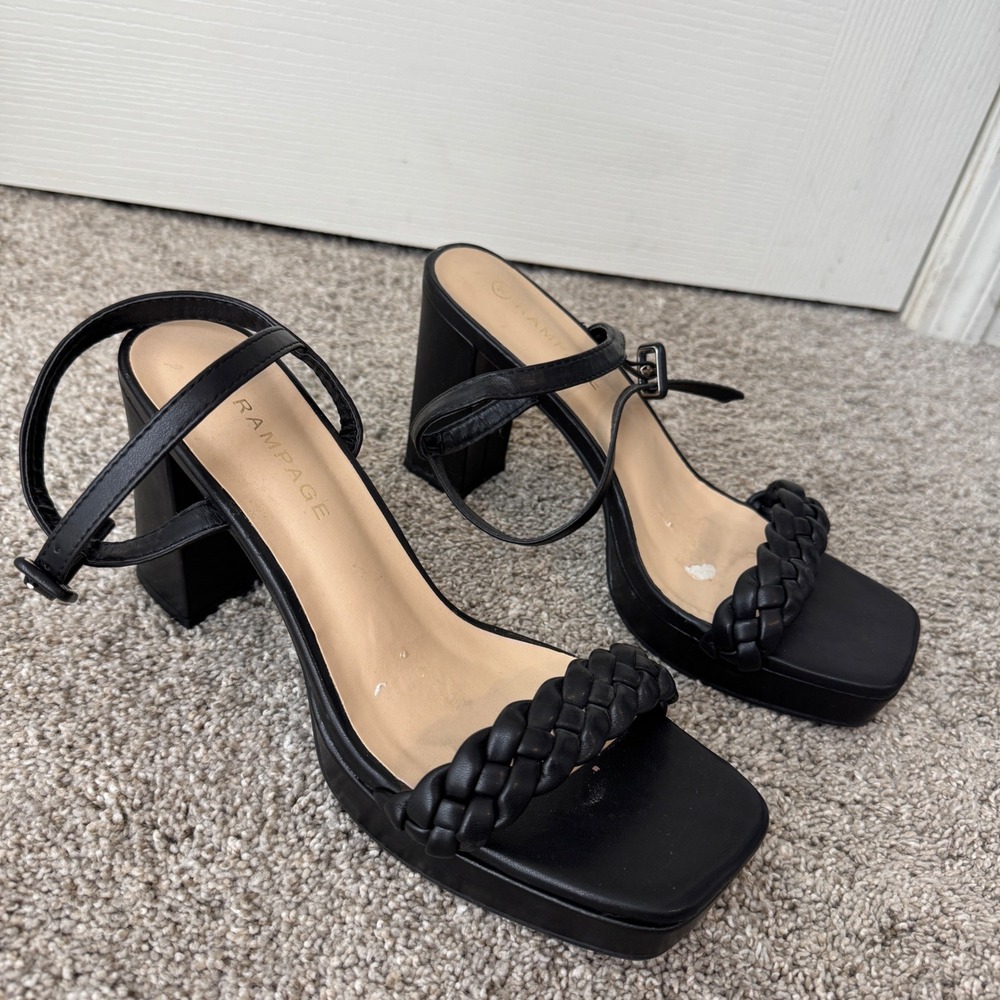 Rampage Y2K Black Braided Platform Chunky Block Heel‎ Sandals Square Toe 10 Prom